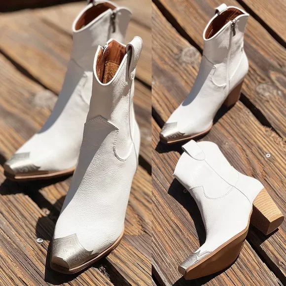 NEW White PU Leather Metal Cap Toe Block Heel Cowgirl Cowboy Western Ankle Boots - Picture 9 of 16